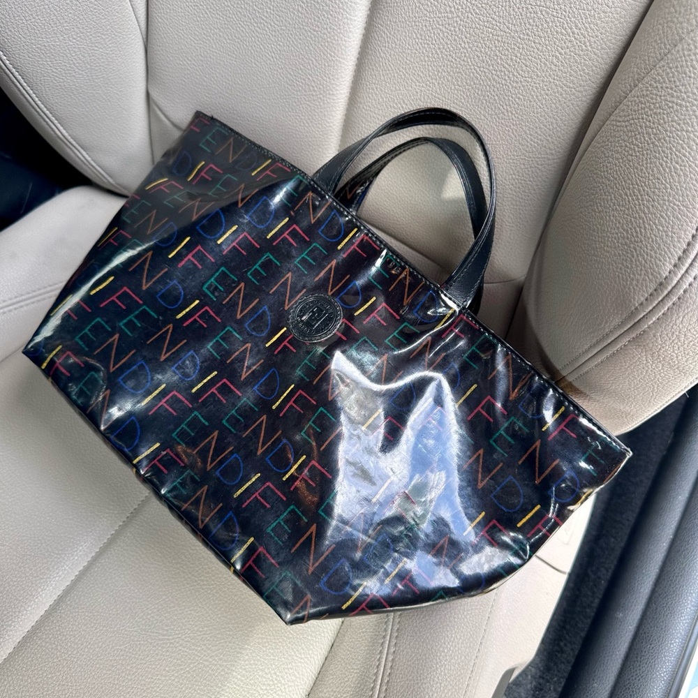 Vintage Fendi 90s PVC Spellout Logo Rainbow Multicolor Mini Tote Bag